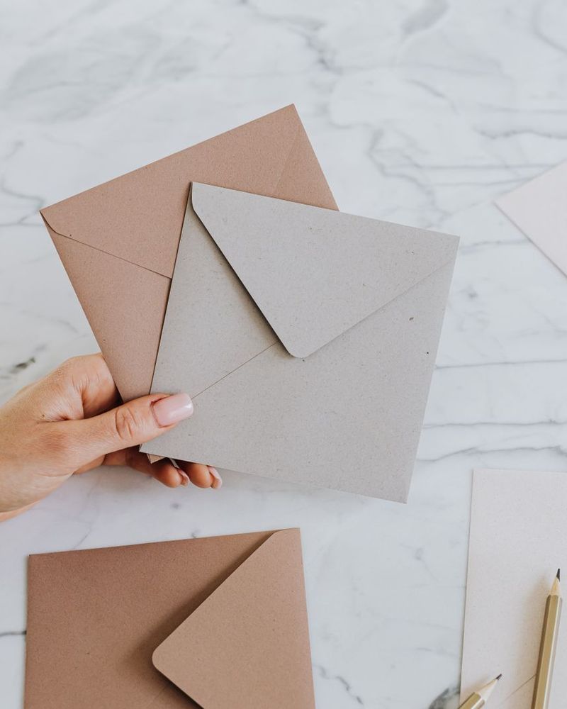 A hand holding blush and grey envelopes over cards on marble